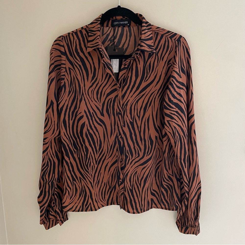 Lofty Manner Jada Brown Zebra Button Down Blouse, NWT